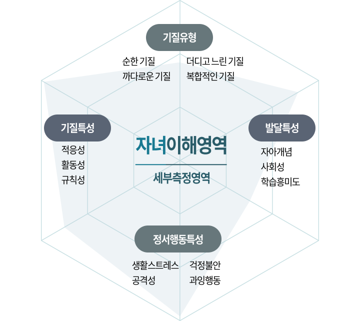 자녀이해영역 세부측정영역 : 기질유형, 발달특성, 정서행동특성, 기질특정
